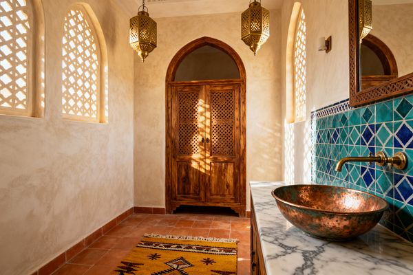 Warm Moroccan kitchen with tadelakt plaster walls, arched lattice windows, and a central arched wooden door. Two brass pendant lanterns hang overhead. At right, a marble countertop holds a hammered copper bowl sink with a wall-mounted brass spout, backed by turquoise and cobalt diamond-pattern zellige tile. The floor is terracotta tile with a saffron Berber-style rug, and patterned light filters through the screens.