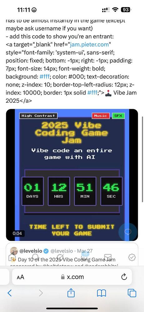 A countdown timer for the 2025 Vibe Coding Game Jam is displayed on a retro-style interface.