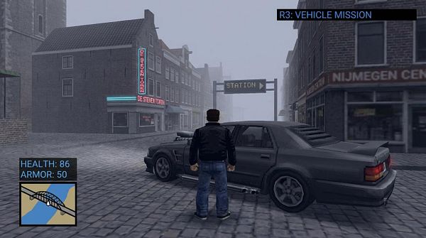 A character stands next to a car in a foggy, urban environment resembling Amsterdam in a video game.