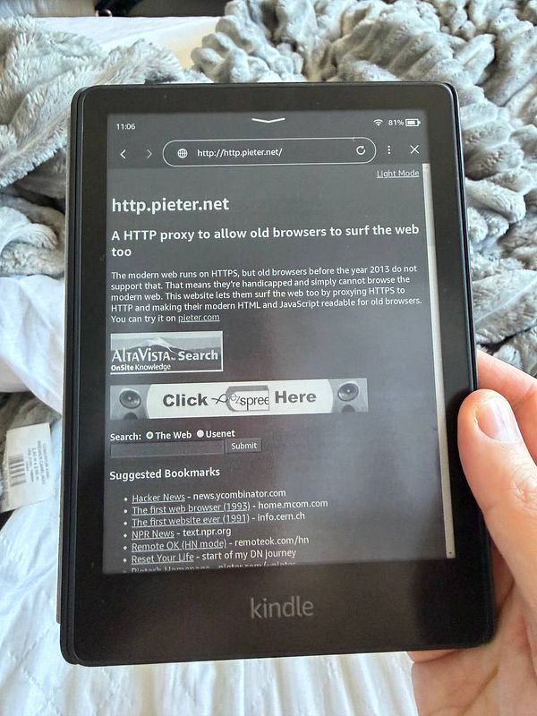 Screenshot of a Kindle e-reader displaying a webpage in dark mode with white text on a black background.
