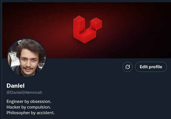 The image displays a Twitter profile featuring a user named Daniel with a custom bio and a distinctive background.