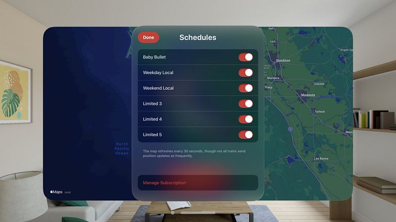 Screenshot of Live Caltrain Map