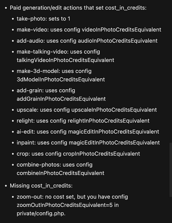 The image displays a list of actions related to a credit decrement system for a photo editing application.