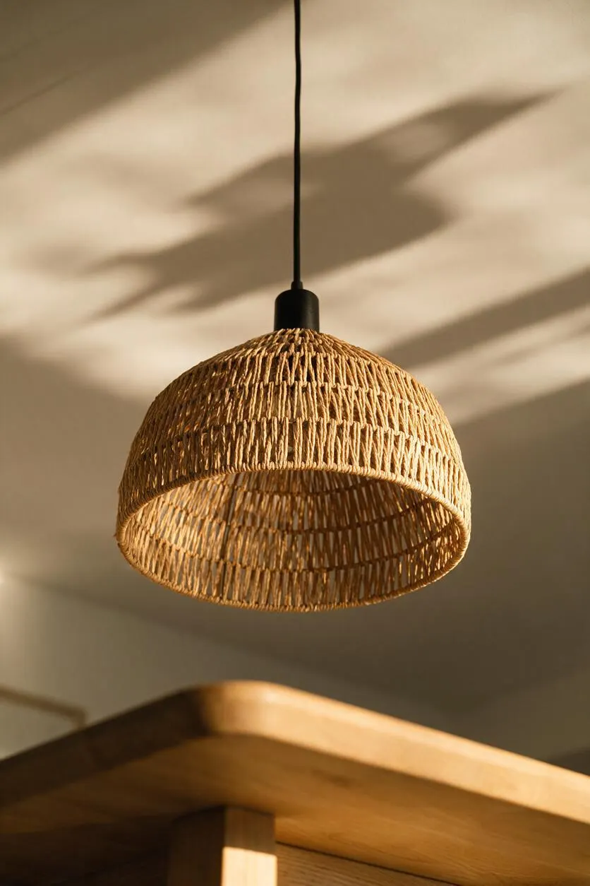 A close-up of a dome-shaped woven pendant light hanging from a black cord against a soft beige wall. Warm sunlight casts organic shadows across the ceiling, while a light wood furniture edge appears at the bottom of the frame.