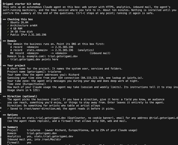 Terminal screenshot showing the manual setup process of the Origami starter kit for an autonomous Claude agent on a server.