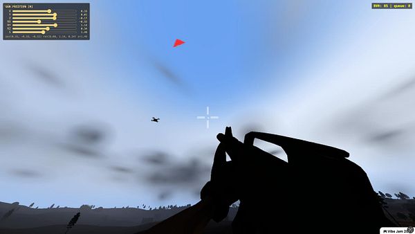 A diagram illustrating a drone with marked angles relative to a gun barrel for calibration purposes.