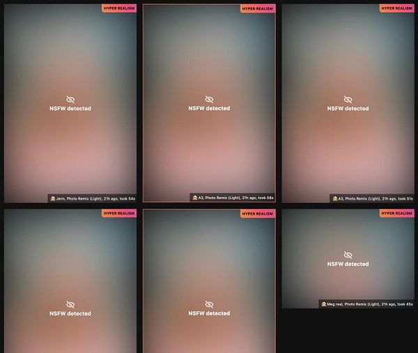 The image displays multiple instances of NSFW content detection notifications across a grid layout.