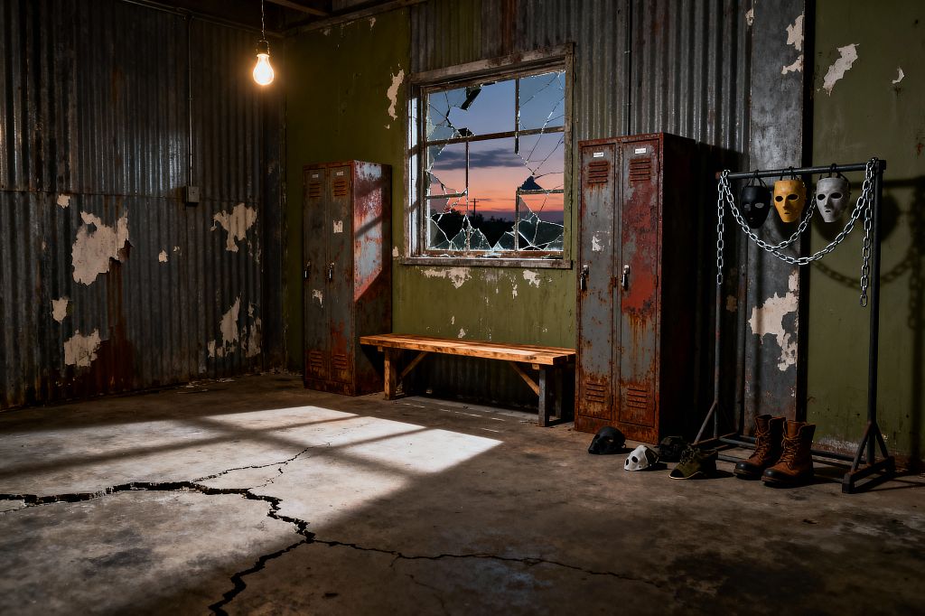 An industrial mudroom with corrugated metal walls painted olive green and peeling, lit by a single bare bulb. A cracked concrete floor leads to three rusted steel lockers flanking a simple wood bench beneath a shattered window at dusk, while a black metal rack draped with chains holds three masks and boots and shoes line the floor, conveying a distressed post-apocalyptic aesthetic.