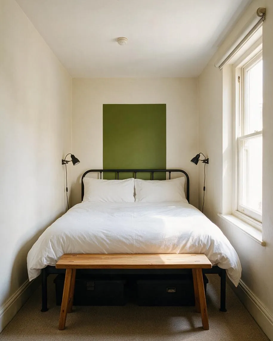 A narrow modern guest bedroom with a black metal bed frame dressed in white bedding, centered against a plain white wall with a vertical olive-green accent panel behind the headboard. Two black wall-mounted reading lamps flank the bed, a simple wooden bench sits at the foot, and a bright window on the right brings in natural light.