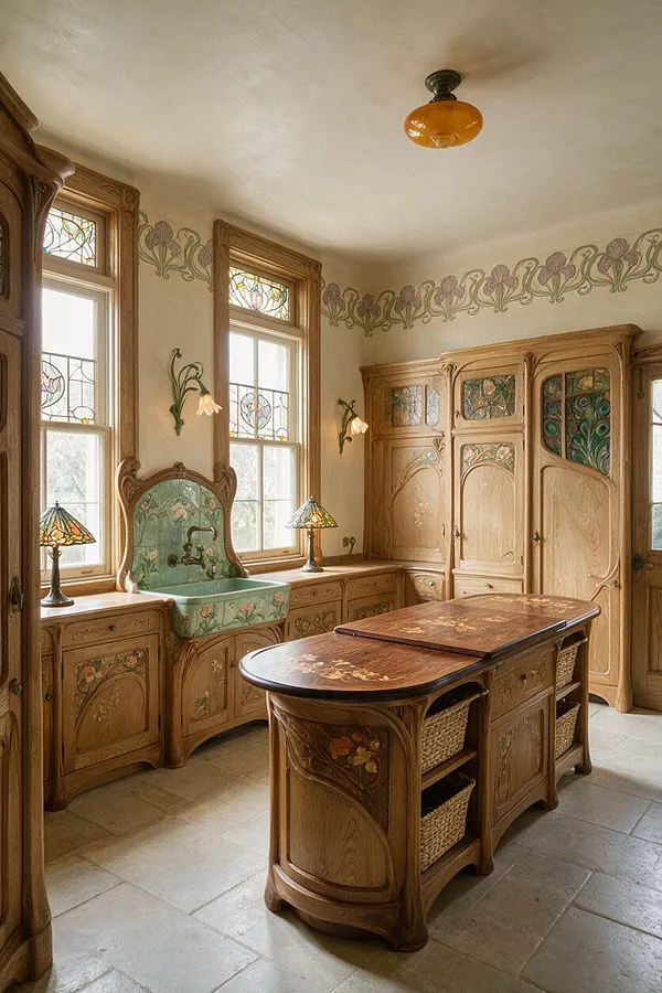 A luxurious laundry room in Art Nouveau style with carved light wood cabinetry, floral stained glass window panels, and a decorative green farmhouse sink set beneath tall windows. The room includes an island with woven basket storage, stained glass table lamps, floral wall friezes, and warm stone tile flooring.