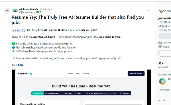 The image displays a promotional post for 'Resume Yay', an AI resume builder, along with a screenshot of its user interface.