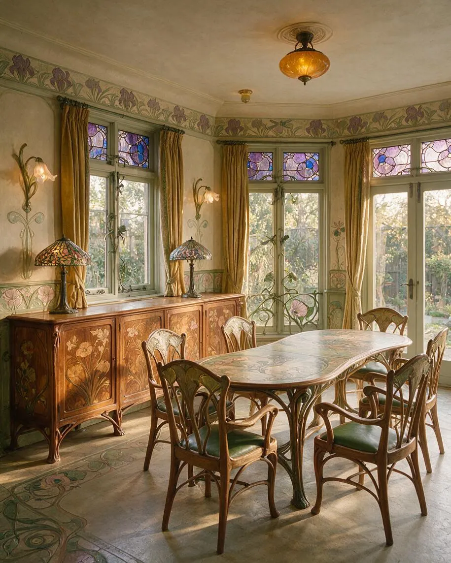 A sunroom dining space in Art Nouveau style with tall windows, stained glass transoms, gold drapery, and floral wall and border murals. A carved wooden sideboard, decorative table lamps, and an oval wooden dining table with curved-back chairs create an elegant, light-filled atmosphere.
