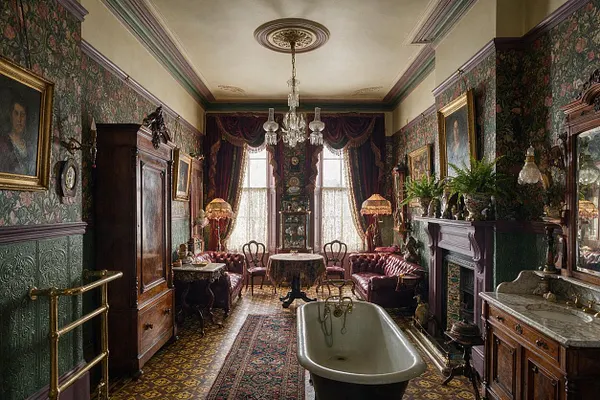 A lavish Victorian master bathroom with floral wallpaper, ornate moldings, a freestanding clawfoot tub, carved wood cabinetry, a marble sink, and a fireplace. The room also includes upholstered seating, heavy drapery, framed portraits, and a crystal chandelier, creating a richly layered, parlor-like atmosphere.