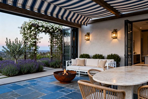 A transitional patio features a navy-and-white striped awning over blue-gray bluestone pavers. A rusted steel fire bowl sits beside an oval travertine table with woven rope chairs and a white metal-frame sofa with beige cushions. Black-framed folding glass doors and brass wall lanterns punctuate a smooth stucco wall. The garden shows lavender borders, an olive tree, and a wooden trellis draped with white climbing roses against a distant sunset view.
