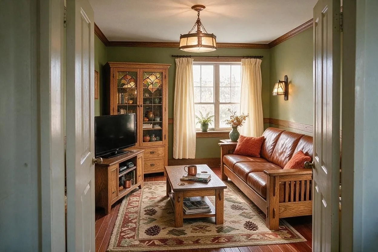 The same Craftsman living room in the Olive and Oak palette: olive, saddle brown, quarter-sawn oak, rust, and cream