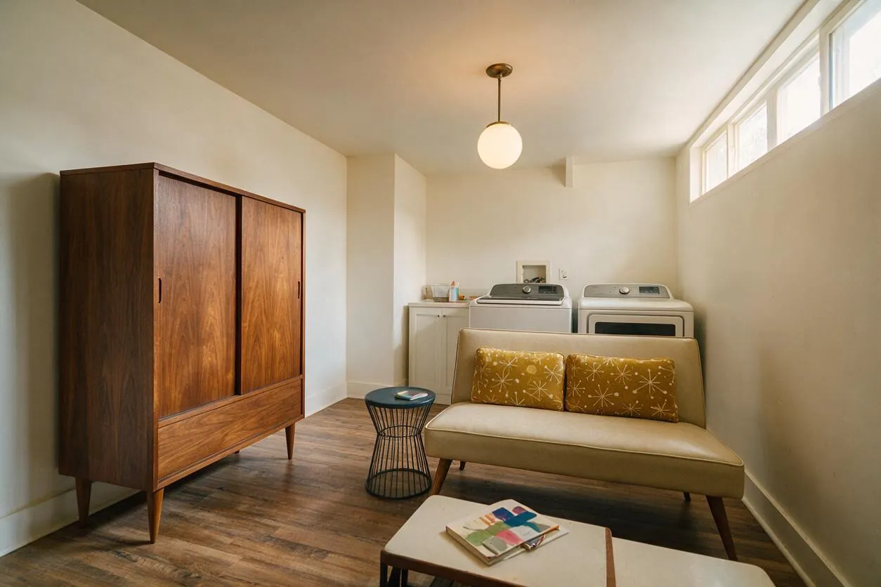 A basement laundry room styled with mid-century modern furnishings, featuring a walnut wardrobe, a tan loveseat with patterned cushions, a small wire side table, and a vintage-style pendant light. A washer and dryer sit against the back wall beneath small high windows, with wood-look flooring and soft neutral walls creating a warm, functional space.