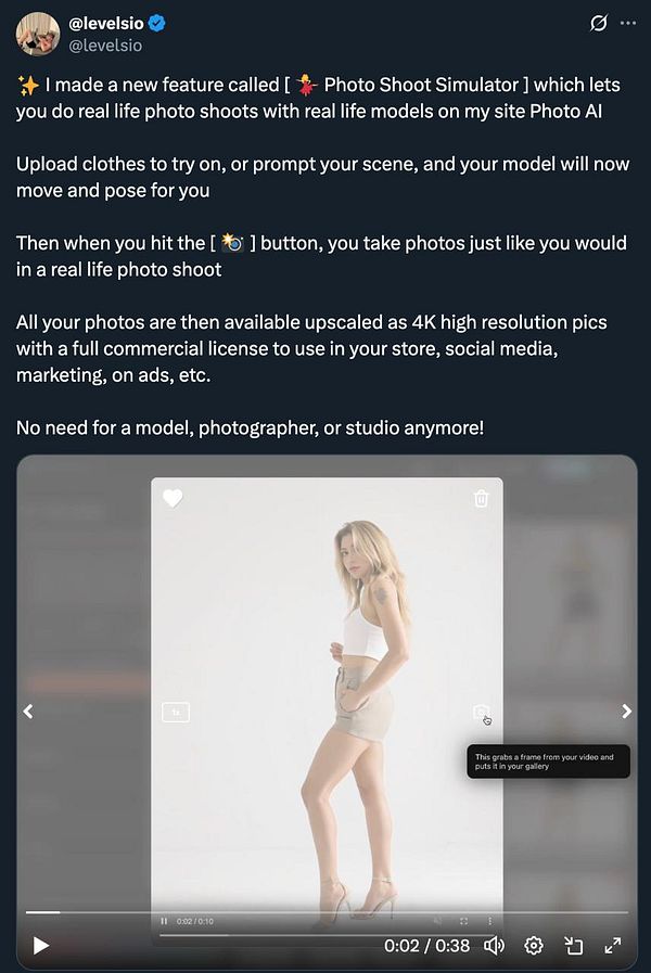 A promotional image for the Photo Shoot Simulator feature showcasing a model in a studio setting.