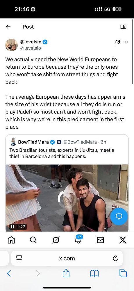 A social media post discussing European self-defense capabilities, featuring a video thumbnail of two Brazilian tourists in a street setting.