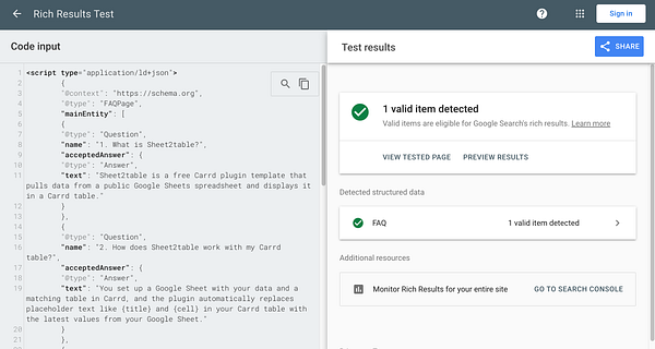 The image displays a Google Rich Results Test interface showing JSON-LD schema markup and its validation results.