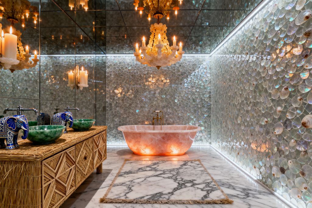 An opulent bathroom features mirrored walls and ceiling reflecting candle-style chandeliers over iridescent shell-tile walls. A freestanding pink onyx bathtub glows from below on a white marble floor with a fringed rug, while a woven rattan vanity holds two green stone vessel sinks with chrome taps and blue-and-white elephant accents; a brass tub filler stands beside the bath, and linear LEDs trace the room’s perimeter.