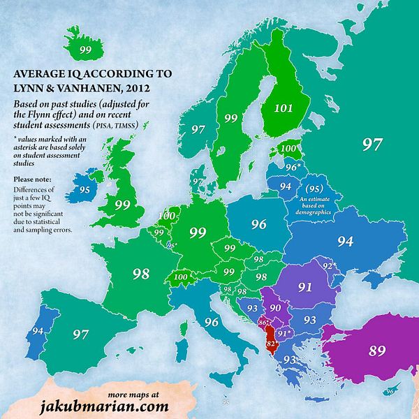 A map of Europe displaying average IQ scores by country based on a 2012 study.