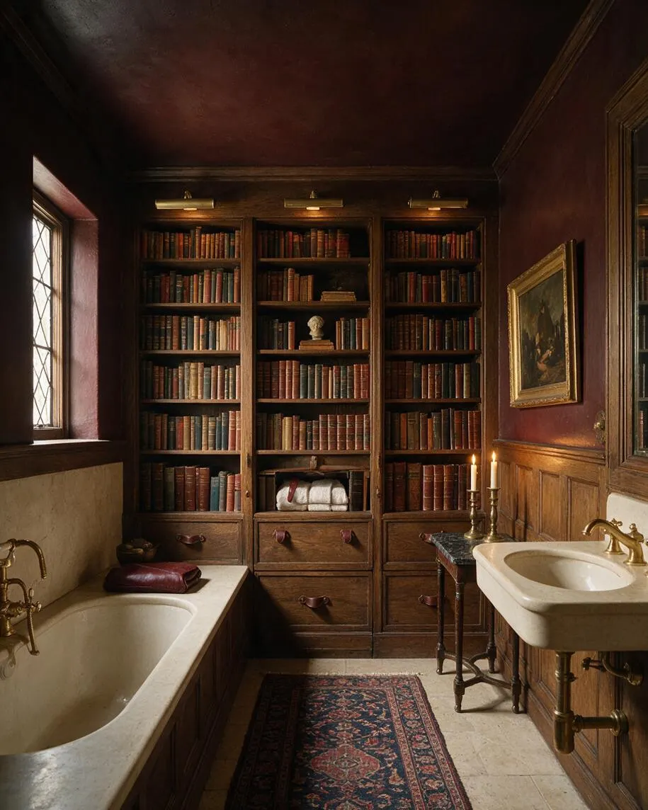 A moody master bathroom styled like a private library, with built-in wooden bookcases filled with old books across the back wall, a freestanding bathtub on the left, and a pedestal sink on the right. Burgundy walls, brass fixtures, a patterned runner, framed artwork, and candlelight create a warm Dark Academia atmosphere.