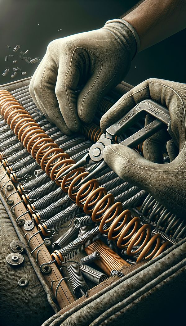 A close-up image of coil springs being used in the construction of a sofa, showing the detailed work involved in fitting and securing the springs.