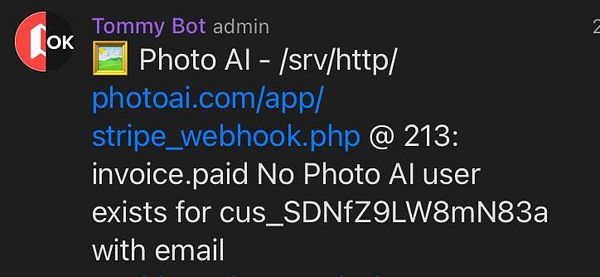 A screenshot of a task notification related to a Stripe webhook issue in a Photo AI application.