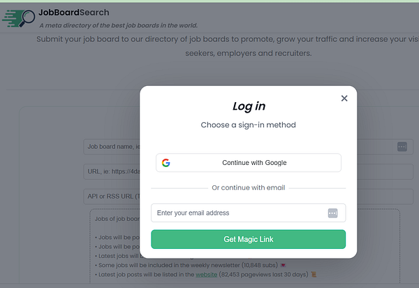 Login form modal on JobBoardSearch site offering sign-in via Google or email with magic link.
