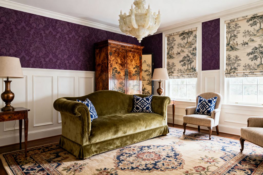 Traditional media room with deep plum damask wallpaper above white wainscoting, centered by an olive green velvet roll‑arm sofa with blue-and-white pillows. Beige upholstered armchairs flank a floral wool rug, while three windows with cream toile Roman shades bring light; a sculptural cream chandelier, bronze table lamps, and a glossy burl‑wood armoire add classic warmth.