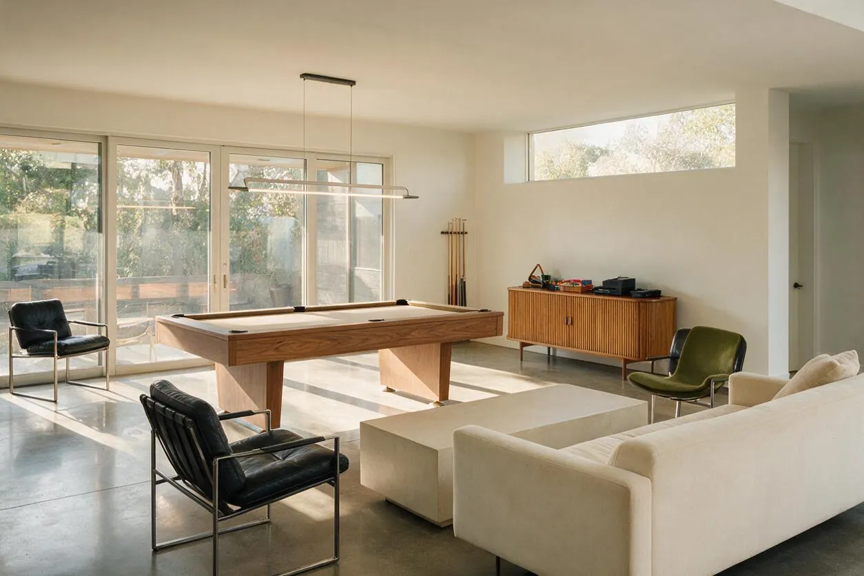 A bright modern game room with a central wooden pool table under a sleek linear pendant light. The space includes black leather chairs, a green accent chair, a cream sofa, a low matching ottoman, large glass doors, a narrow clerestory window, and a ribbed wood sideboard against white walls and a polished concrete floor.