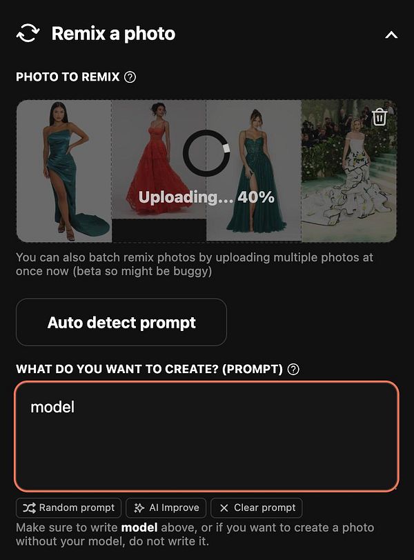 The image displays a user interface for remixing photos with an upload progress indicator.