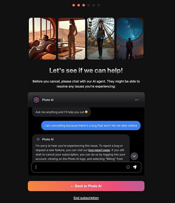 The image displays a user interface for an AI chat support feature aimed at assisting users before they cancel their subscription.