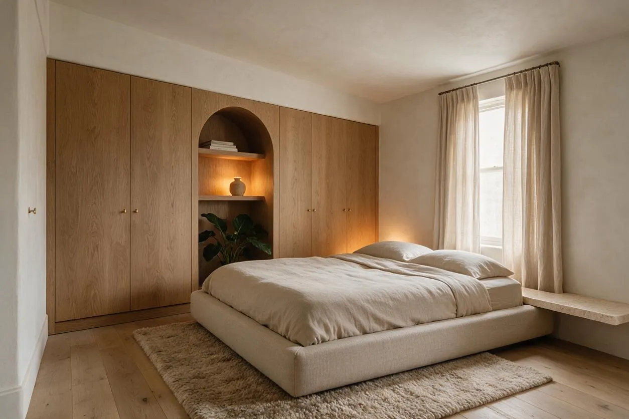 A serene organic modern bedroom with a low upholstered bed in soft beige bedding, set in front of full-height oak wardrobes. The center wardrobe section features an arched niche with open shelves, warm accent lighting, books, a vase, and a plant. Sheer curtains filter daylight beside a simple stone bench and textured rug.