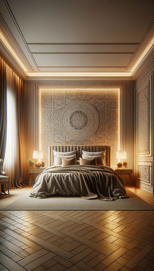 A cozy bedroom with a textured wallpaper backdrop behind the bed, showcasing how a backdrop enhances the aesthetic appeal of the space.