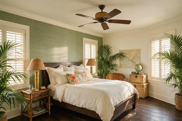 A tropical-style master bedroom with a dark wood bed, white bedding, and floral accent pillow centered against a soft green textured wall. Rattan lamps, woven baskets, plantation shutters, and lush potted palms create a relaxed, airy retreat with warm natural light.