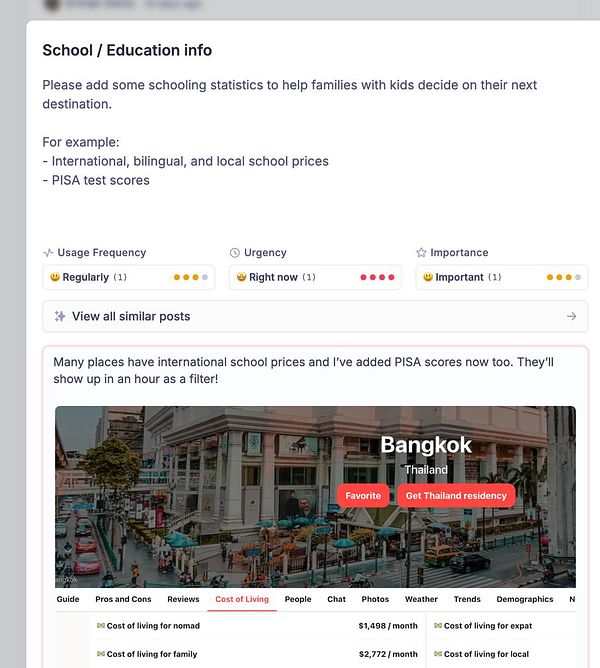 The image displays a user interface for a platform providing information about Bangkok, Thailand, focusing on educational statistics and cost of living.