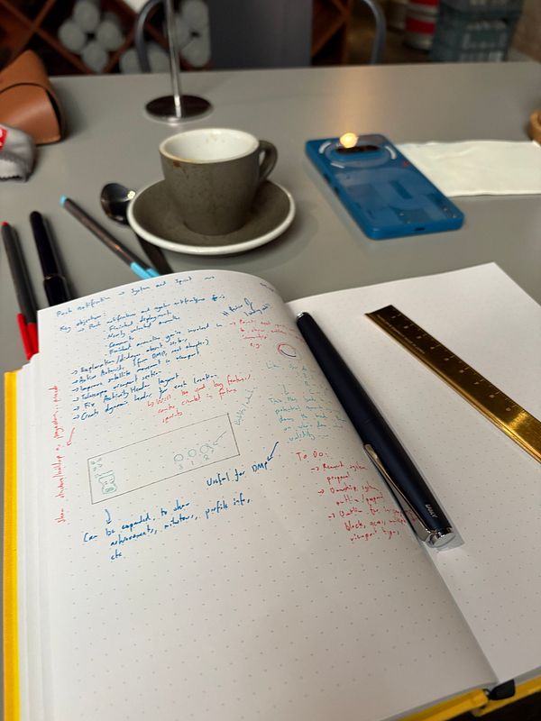 A workspace featuring a notebook filled with design notes, a coffee cup, and various writing instruments.