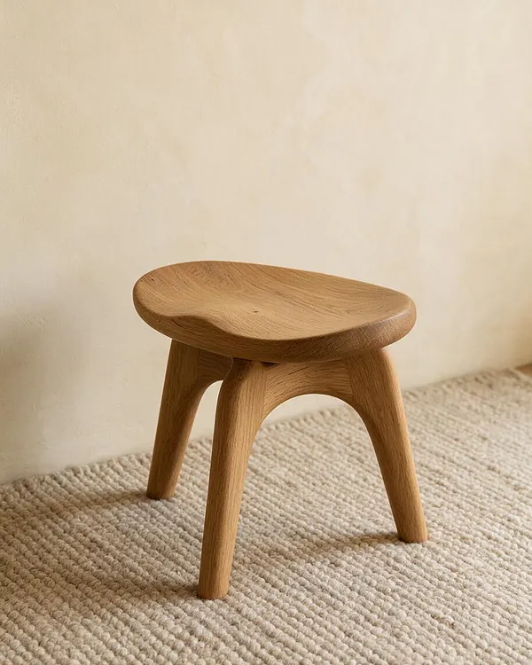 A small oak stool with a sculpted, rounded seat and four tapered legs sits on a textured cream rug against a warm beige wall. The natural wood grain and simple organic shape create a calm, minimalist Organic Modern look.