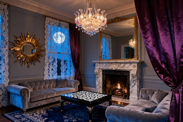 A vintage-glam living room features two silver-gray tufted velvet Chesterfield sofas facing a black lacquer coffee table with a white circular inlay. An ornate white marble fireplace with a lit fire sits beneath a large gilded mirror, while a crystal chandelier hangs above. Slate-blue paneled walls, a navy patterned rug, white lace curtains, and plum satin drapes frame tall windows; a gold sunburst mirror and dark wood floors complete the opulent scene.