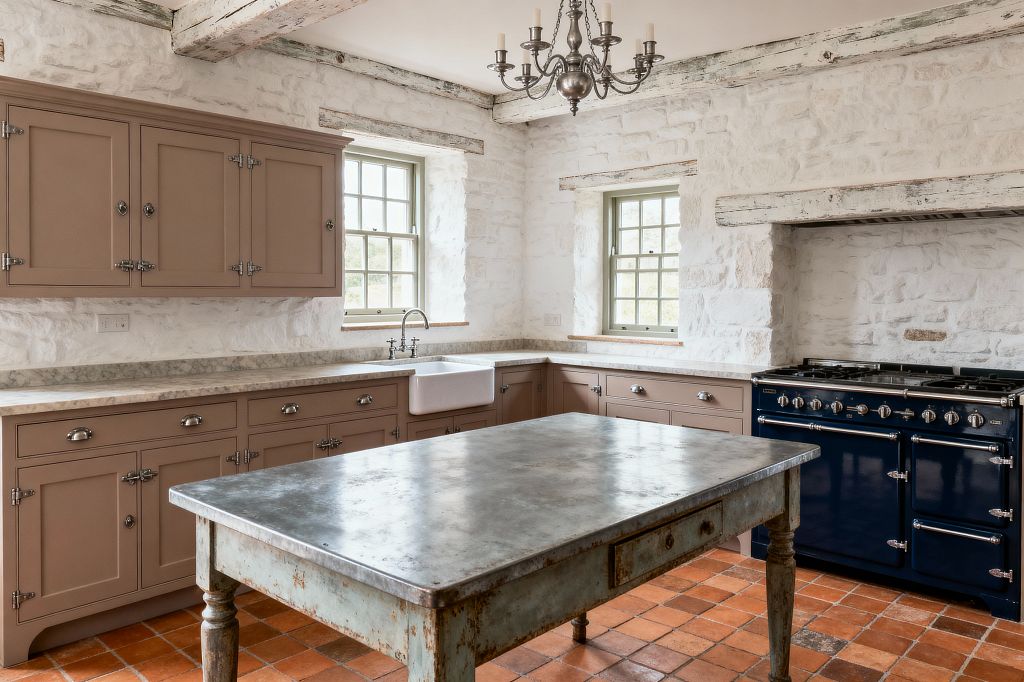 A light-filled French Country kitchen features whitewashed stone walls, distressed ceiling beams, and two sash windows painted sage green. Warm taupe Shaker cabinets with polished nickel latches support pale marble counters and a porcelain farmhouse sink; a weathered zinc-topped worktable stands on terracotta tiles, and a glossy navy, vintage-style range sits within a stone alcove beneath a rustic mantel and metal candelabra chandelier.