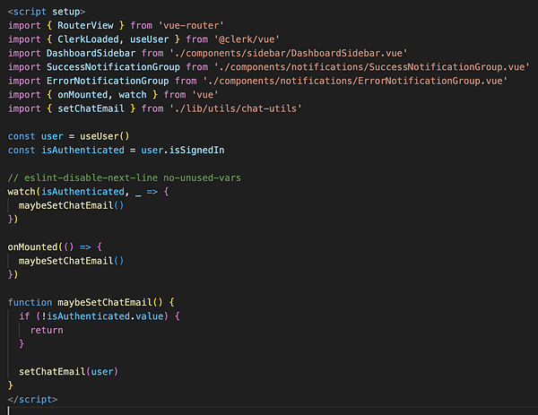 The image displays a code snippet written in Vue.js for managing user authentication and chat email settings.