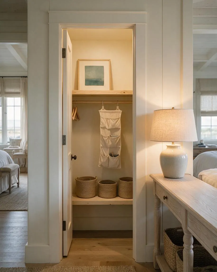 A small closet with an open door reveals a simple built-in shelf, a hanging fabric organizer, and woven storage baskets on a lower shelf. The closet is finished in soft white and warm wood tones, with a framed coastal artwork on the top shelf. Nearby, a ceramic table lamp sits on a light wood console, reinforcing the calm coastal bedroom setting.