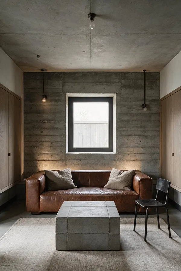 A compact media room with raw concrete walls and ceiling, a brown leather sofa, a blocky concrete coffee table, and a black metal chair. Light wood built-in cabinets flank a small centered window, while exposed bulb pendants add a minimalist industrial feel.