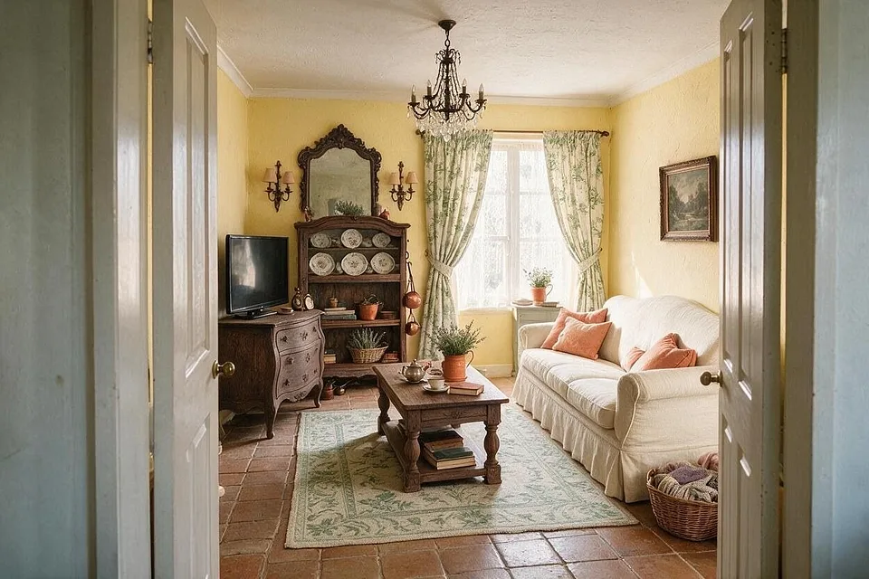 A French Country living room in the Butter and Terracotta palette