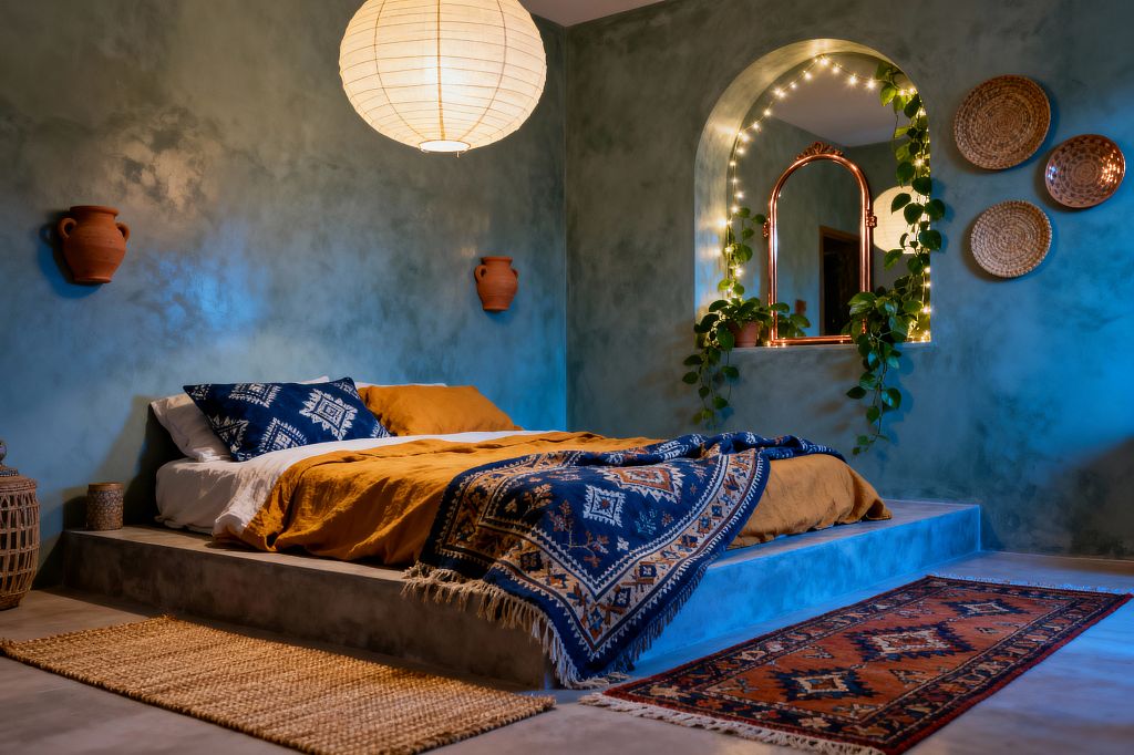 A cozy bohemian bedroom with a low concrete platform bed dressed in mustard linen, white sheets, and indigo patterned pillows and throw. Textured teal plaster walls display terracotta wall urns and woven baskets, while an arched niche with a copper-framed mirror is wrapped in string lights and trailing pothos; a round rice-paper pendant hangs overhead, jute and rust kilim rugs layer over polished concrete, and warm golden light contrasts a soft blue wall wash.
