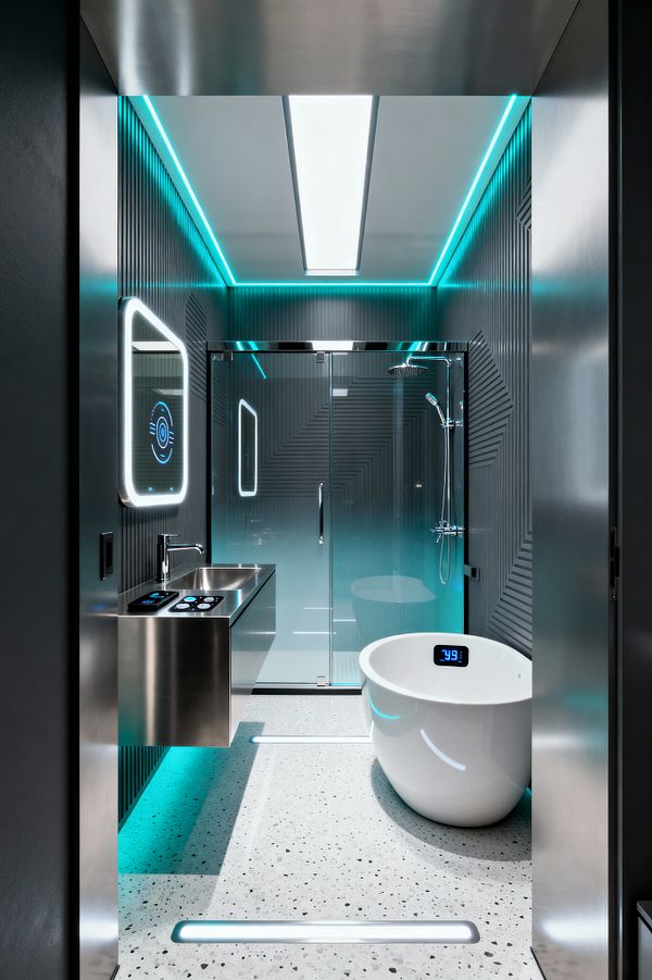 A compact, high-tech bathroom features ribbed dark walls, cyan LED strips around the ceiling, and a central diffused light panel. On the left is a floating brushed-stainless-steel vanity with integrated sink and touch controls beneath a halo-lit smart mirror; ahead, a clear glass shower with chrome rain head and hand shower faces a freestanding white oval bathtub displaying a digital 39.9 temperature readout, all set on light gray terrazzo with linear in-floor lights.
