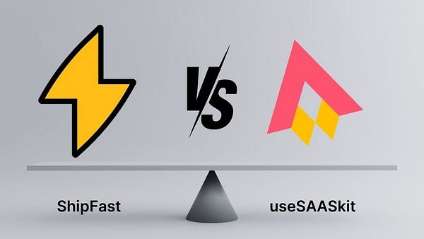 The image features a comparison between two brands, ShipFast and useSAASkit, displayed on a balance scale.