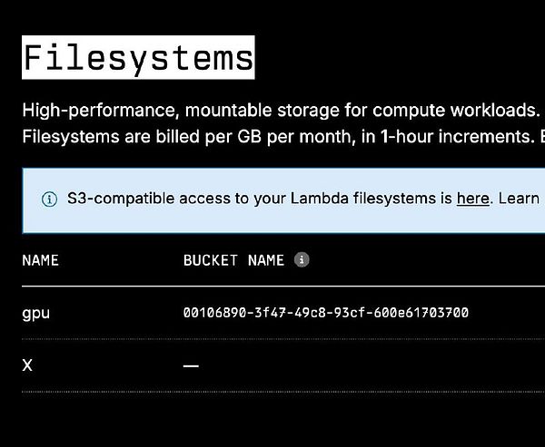 The image displays a user interface for managing filesystems in a cloud computing environment.