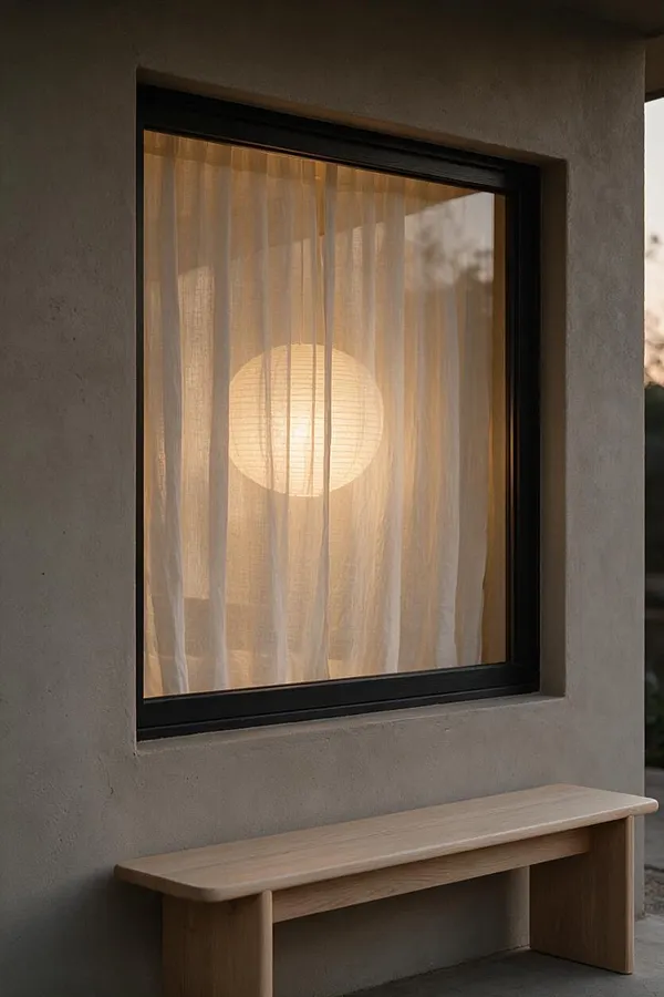 A minimalist exterior wall with a large black-framed window, sheer curtains, and a warm paper lantern glowing inside. Below the window sits a simple light wood bench, set against a smooth taupe stucco facade in soft evening light.